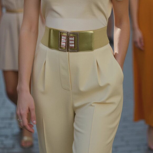 New Women Gold Elastic Wide Fashion Belt Bling Metal Square Buckle S M z089 - Picture 10 of 17